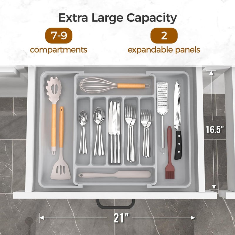 ukeetap Extra Large Expandable Silverware Organizer, BPA-Free Food-Safe Cutlery Flatware Organizer, Kitchen Utensil Drawer Organizer, Adjustable Silverware Holder for Spoons Forks Knives, Gray - Image 2